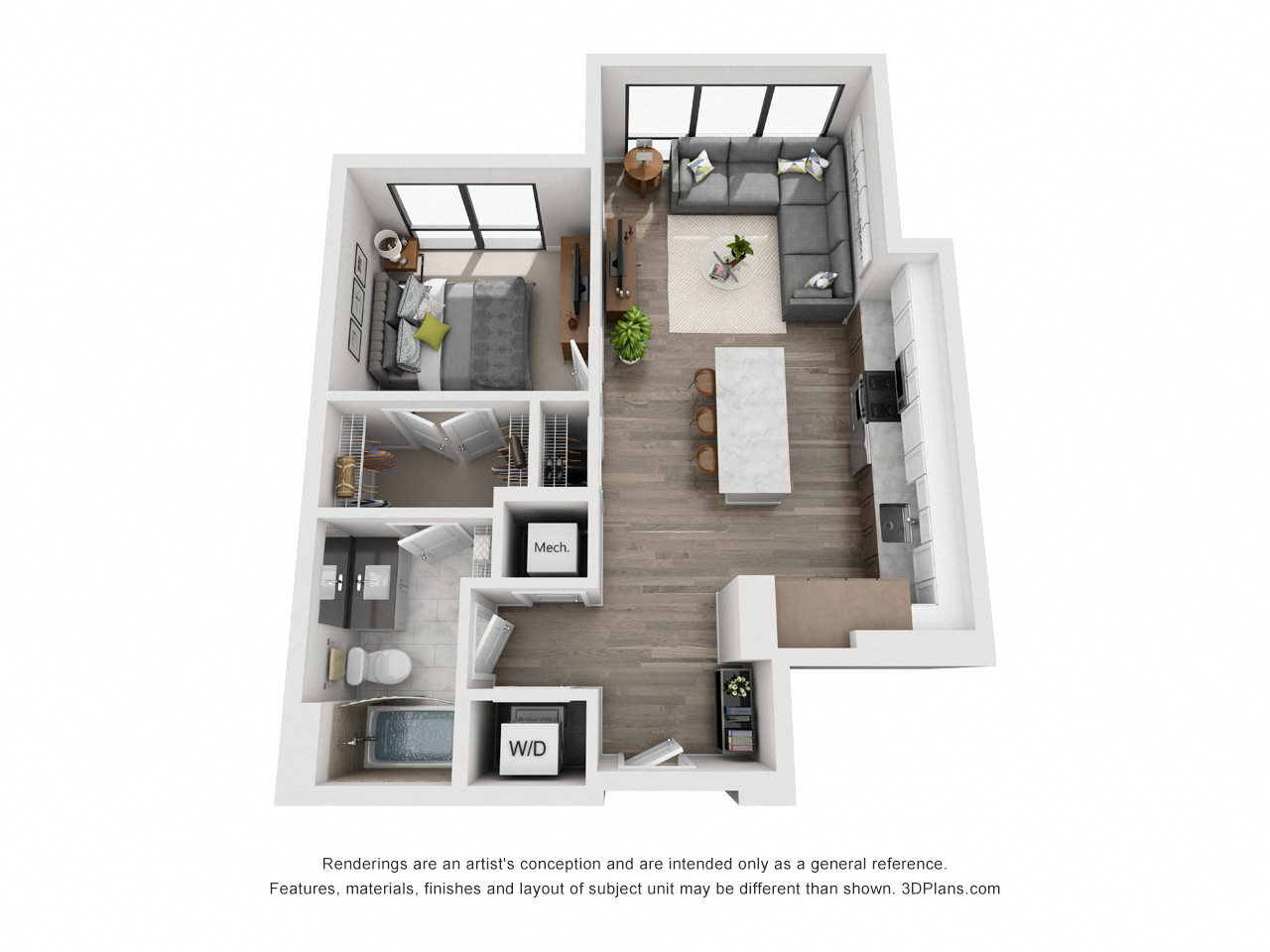Floor plan for 1 bed, 1 bath, 688 sqft